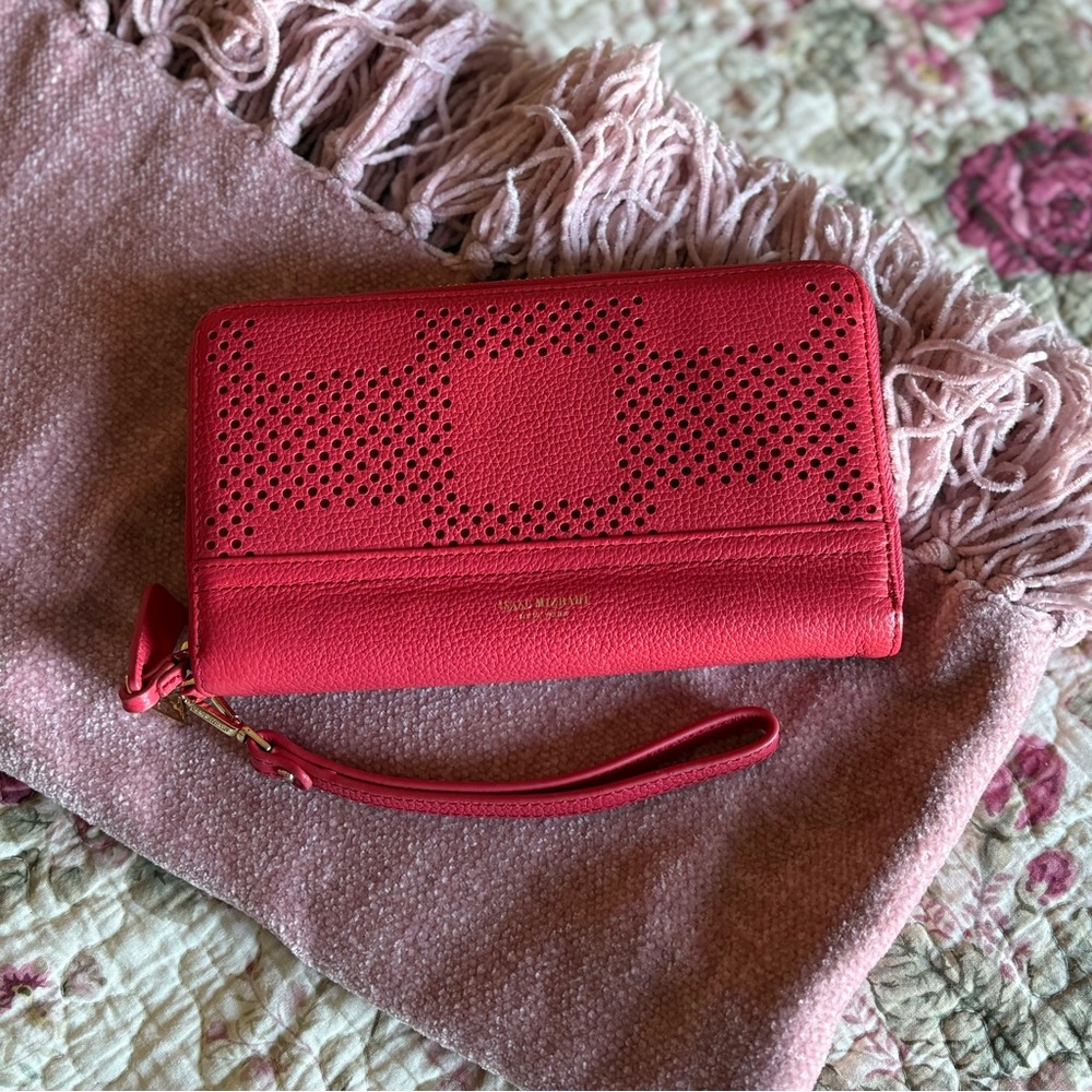 Issac Mizrahi Pink Red Pebble Faux Leather Wallet Clutch